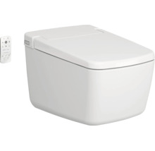 WC-douche suspendu blanc avec couvercle fermé et télécommande.