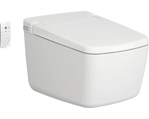 WC-douche suspendu blanc avec couvercle fermé et télécommande.