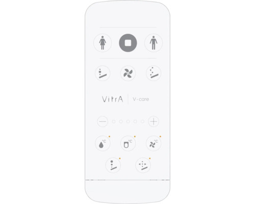 VitrA V-care Logo sur télécommande pour WC lavants avec symboles pour nettoyage, température en degrés Celsius et réglages de buse.