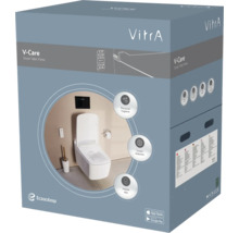 Emballage VitrA V-Care Smart Toilet Prime avec image de la toilette, VitrA Logo et icônes pour l'hygiène, les fonctions et l'application mobile.