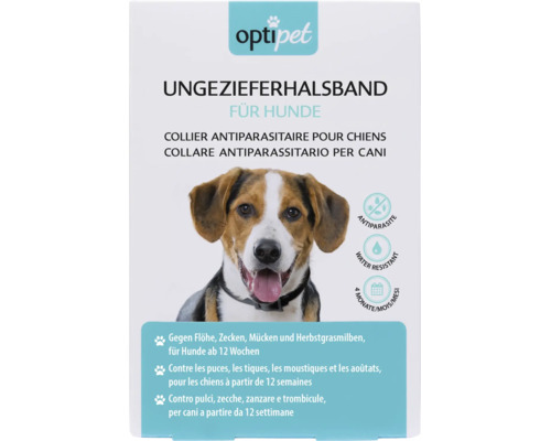 Optipet Logo. Ungezieferhalsband für Hunde ab zwölf Wochen, wasserfest, vier Monate Schutz gegen Flöhe, Zecken, Mücken und Herbstgrasmilben.
