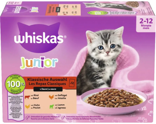 Whiskas Junior Katzenfutter Klassische Auswahl in Sauce für Kätzchen von 2 bis 12 Monaten, 12 Beutel, 100 Prozent hochwertige Zutaten.