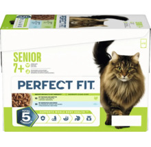 Perfect Fit Senior 7 plus Katzenfutter nass, Multipack mit 12 Portionsbeuteln in Sauce, mit Truthahn und Karotten sowie Meeresfisch und Gemüse.