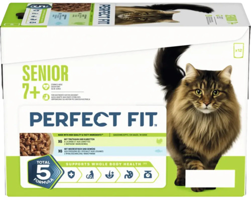 Perfect Fit Senior 7 plus Katzenfutter nass, Multipack mit 12 Portionsbeuteln in Sauce, mit Truthahn und Karotten sowie Meeresfisch und Gemüse.