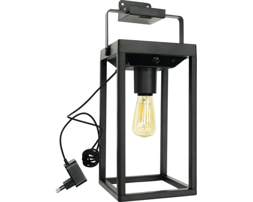 Schwarze Außenwandleuchte in Laternenform mit rechteckigem Metallrahmen, Edison-Glühfadenlampe und Netzkabel mit Stecker.