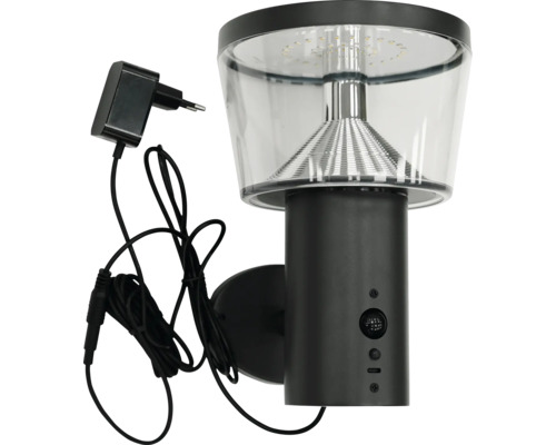 Schwarze Außenwandleuchte mit Bewegungsmelder, klarem Schirm, geripptem Reflektor und Netzstecker mit Kabel.