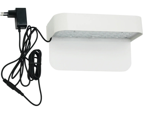 Weiße rechteckige LED-Pflanzenlampe mit Netzteil und schwarzem Kabel.
