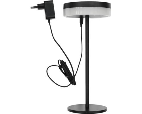 Moderne Tischleuchte mit rundem Standfuß, vertikalem Stab und rundem Lampenkopf inklusive Ladekabel und Netzstecker.