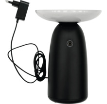 Moderne LED-Tischleuchte mit breitem Diffusor, Ein-Aus-Schalter am Gehäuse und Netzteil mit Kabel.