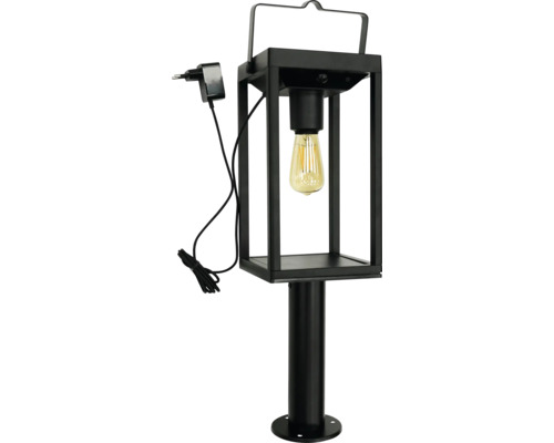 Lanterne d'extérieur noire avec ampoule LED, détecteur de mouvement et fiche secteur.