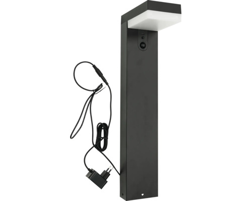 Luminaire extérieur LED avec caméra intégrée et détecteur de mouvement, avec bloc d'alimentation et long câble de raccordement.