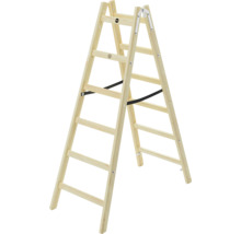 Échelle double en bois avec six marches par côté, Hailo Logo, sangles de sécurité et charnières métalliques.