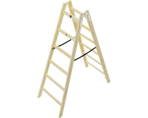 Escabeau double en bois avec six marches. Hailo Logo.