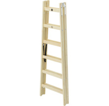 Escabeau Hailo en bois, double accès, avec sangles de sécurité et charnières métalliques.