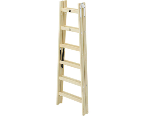 Escabeau Hailo en bois, double accès, avec sangles de sécurité et charnières métalliques.