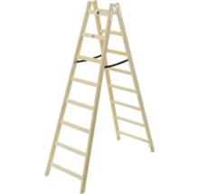 Échelle double en bois avec sangles de sécurité et charnières métalliques.