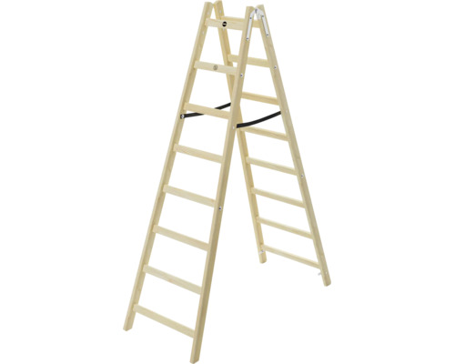 Échelle double en bois avec sangles de sécurité et charnières métalliques.