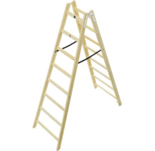Échelle double Hailo en bois avec marches des deux côtés, charnières métalliques et sangles de sécurité.
