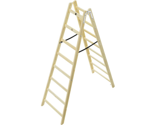 Échelle double Hailo en bois avec marches des deux côtés, charnières métalliques et sangles de sécurité.