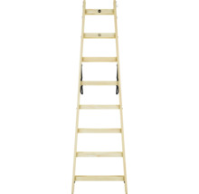 Échelle double en bois Hailo avec 8 marches, en bois clair avec sangles de sécurité et ferrures métalliques.