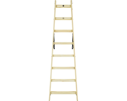 Échelle double en bois Hailo avec 8 marches, en bois clair avec sangles de sécurité et ferrures métalliques.