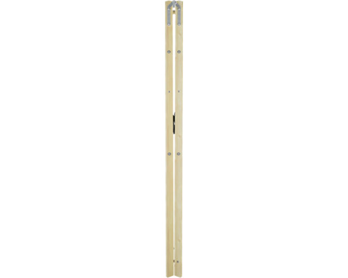 Pied de tréteau pliable en bois avec charnière métallique et boulons.