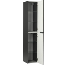 Armoire haute de salle de bain anthracite avec deux portes ouvertes et des étagères en verre.