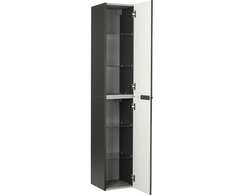 Armoire haute de salle de bain anthracite avec deux portes ouvertes et des étagères en verre.