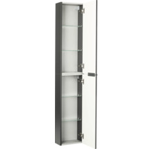 Armoire de salle de bains haute en anthracite et blanc avec deux portes ouvertes et quatre tablettes en verre.