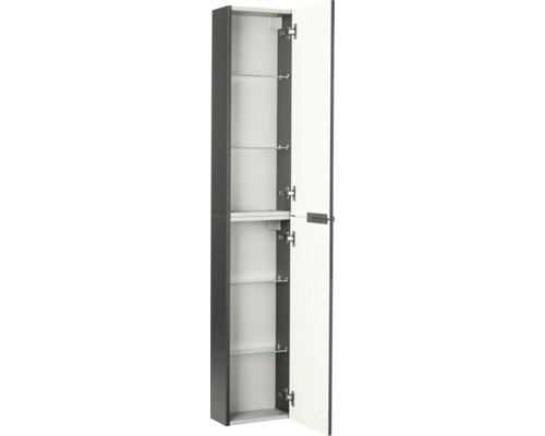 Armoire de salle de bains haute en anthracite et blanc avec deux portes ouvertes et quatre tablettes en verre.