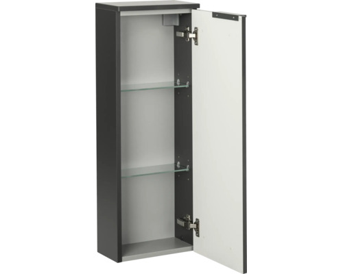 Meuble latéral de salle de bain étroit avec une porte, deux tablettes en verre et corps anthracite.