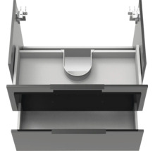 Meuble sous-vasque anthracite avec deux tiroirs ouverts et une découpe pour siphon dans le tiroir supérieur.