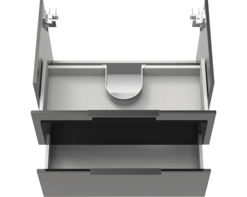 Meuble sous-vasque anthracite avec deux tiroirs ouverts et une découpe pour siphon dans le tiroir supérieur.