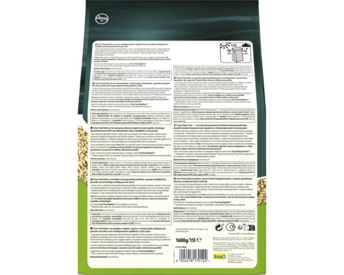 Rückseite einer Tetra Pond Sticks Verpackung mit Informationen zu Inhaltsstoffen, Fütterungsempfehlung und Tetra Logo.