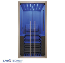Sanotechnik Infrarotkabine mit Glasfront, LED-Sternenhimmel und Innenausstattung aus Holz.