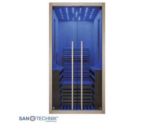 Sanotechnik Infrarotkabine mit Glasfront, LED-Sternenhimmel und Innenausstattung aus Holz.