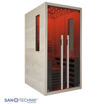 Infrarotkabine aus Holz mit Glastüren, integrierter Innenbeleuchtung, Seitenfenster und Sitzbank von Sanotechnik.