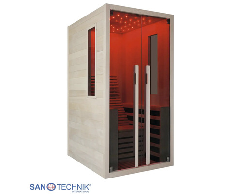Infrarotkabine aus Holz mit Glastüren, integrierter Innenbeleuchtung, Seitenfenster und Sitzbank von Sanotechnik.