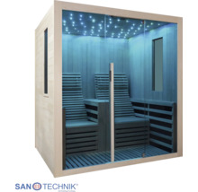 Moderne Infrarotkabine, Glasfront, zwei ergonomische Liegen, LED-Sternenhimmel. Innenraum aus hellem Holz mit Seitenfenstern. Sanotechnik Logo.