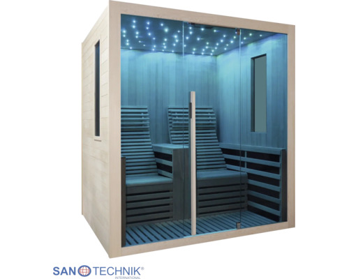 Moderne Infrarotkabine, Glasfront, zwei ergonomische Liegen, LED-Sternenhimmel. Innenraum aus hellem Holz mit Seitenfenstern. Sanotechnik Logo.