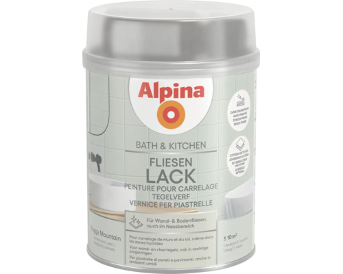 Peinture carrelage Alpina salle de bain et cuisine, satinée, Foggy Mountain, mur et sol, pour circa 10 mètres carrés.