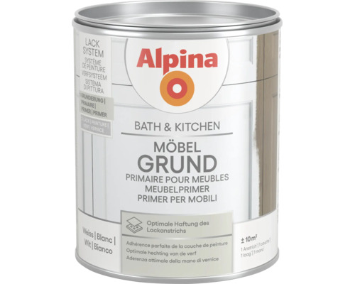Alpina Bath und Kitchen Möbelgrundierung in Weiß für optimale Haftung des Lackanstrichs auf Möbeln in Bad und Küche.