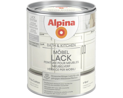 Alpina Möbellack Bath und Kitchen, White Cotton, seidenmatt, strapazierfähiger Lack für Möbeloberflächen.