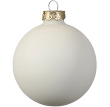 Matte weiße Weihnachtskugel aus Glas mit goldfarbener Kappe und Aufhänger.