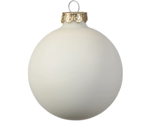 Matte weiße Weihnachtskugel aus Glas mit goldfarbener Kappe und Aufhänger.