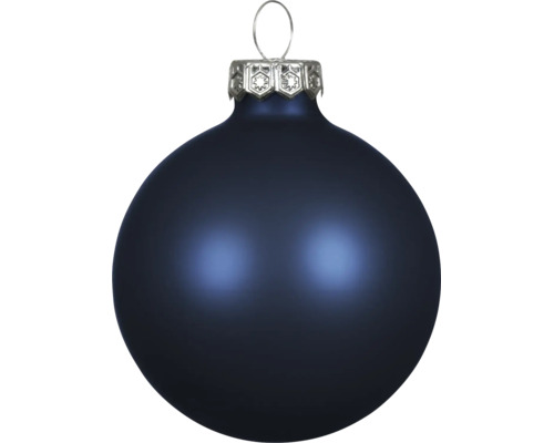 Dunkelblaue matte Weihnachtskugel mit silberfarbenem Verschluss und Aufhängeschlaufe.