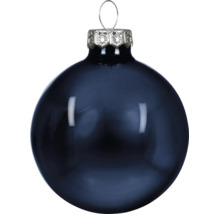 Glänzende dunkelblaue Weihnachtskugel aus Glas mit silberner Aufhängung.
