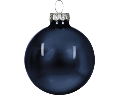 Glänzende dunkelblaue Weihnachtskugel aus Glas mit silberner Aufhängung.
