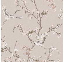 Papier peint intissé avec grues en vol et branches de cerisiers en fleurs de style asiatique.