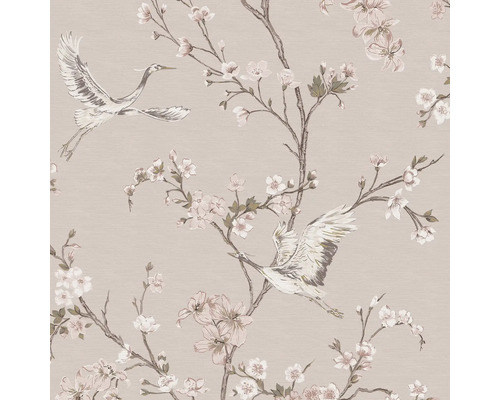 Papier peint intissé avec grues en vol et branches de cerisiers en fleurs de style asiatique.
